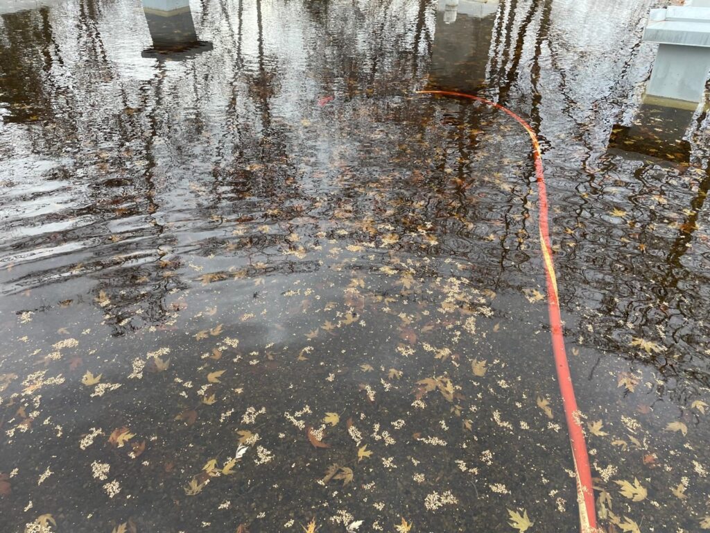 À l'automne : le toit inondé et couvert de feuilles, pendant le pompage.